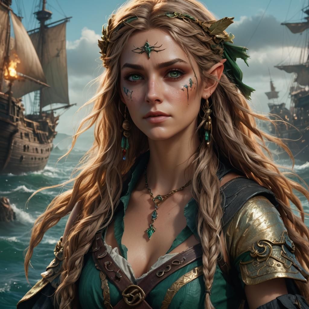Aquatic Half-Elf Pirate with Scars, Detailed Matte Painting