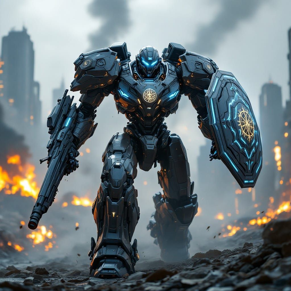 Cyberpunk Mecha Charges Through Wrecked City