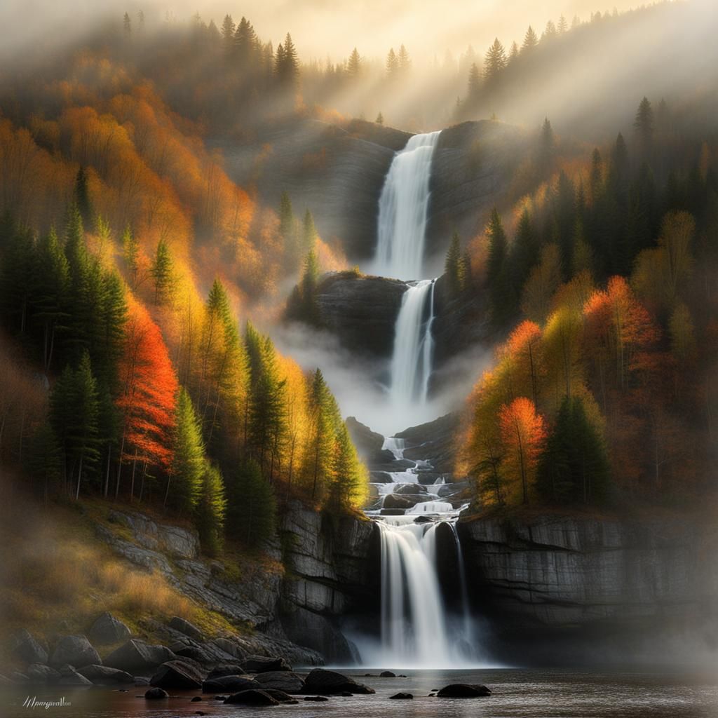 Sunrise Waterfall in Misty Valley Landscape