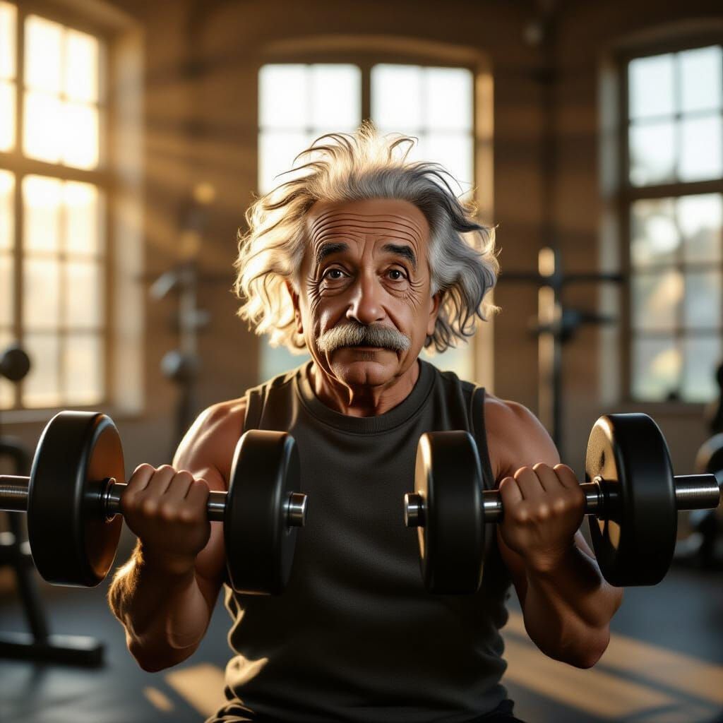 Albert Einstein Pumping Iron in Retro Gym