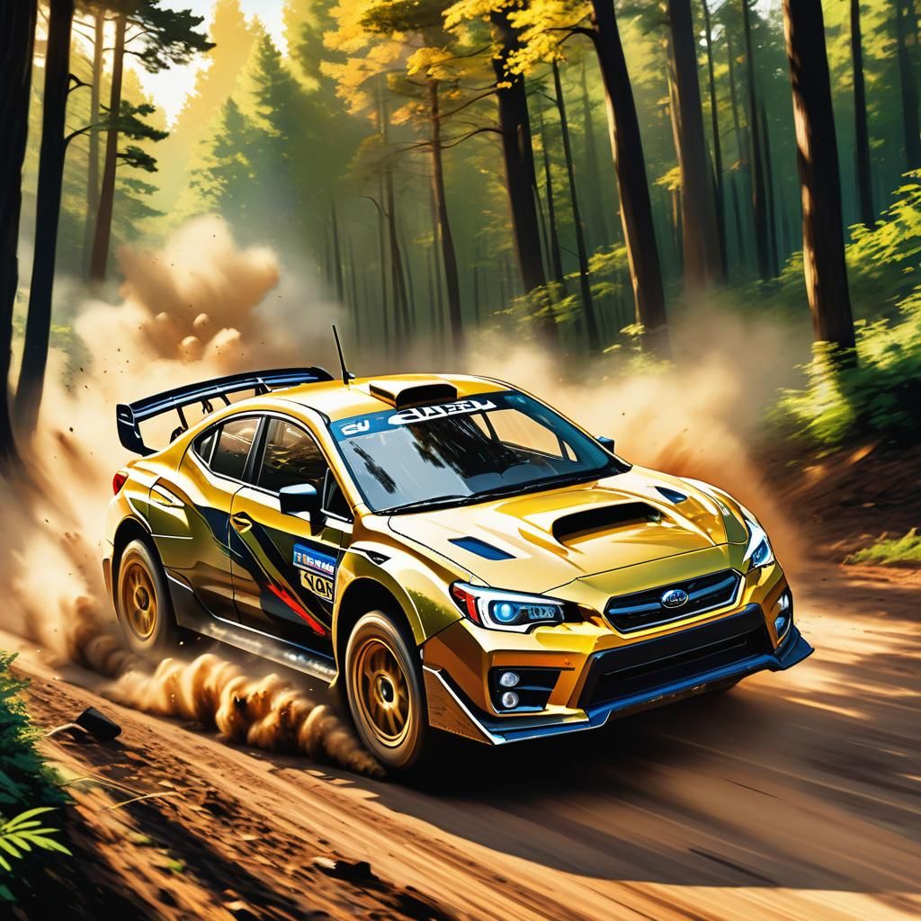 Drawing Subaru sports car, forest road jump, rally, 3