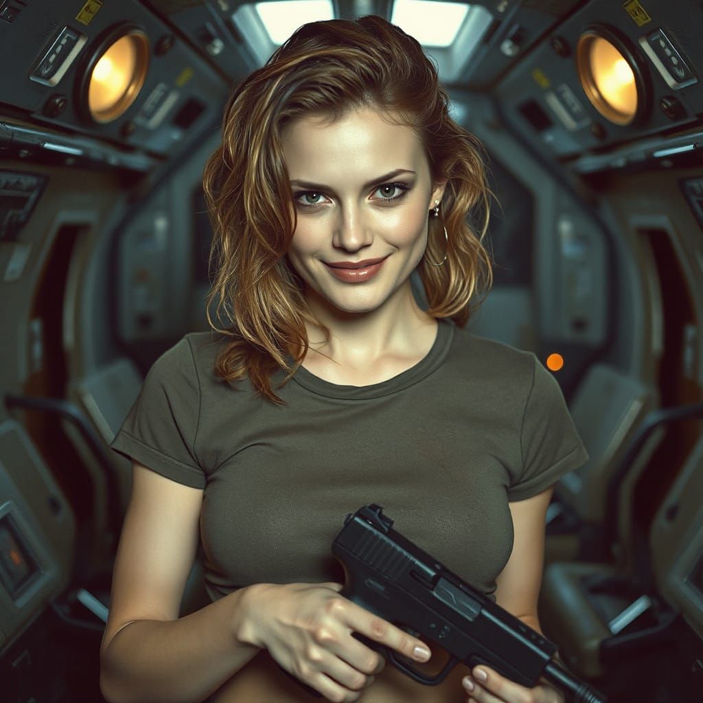 Cyberpunk Woman with Gun in Spaceship