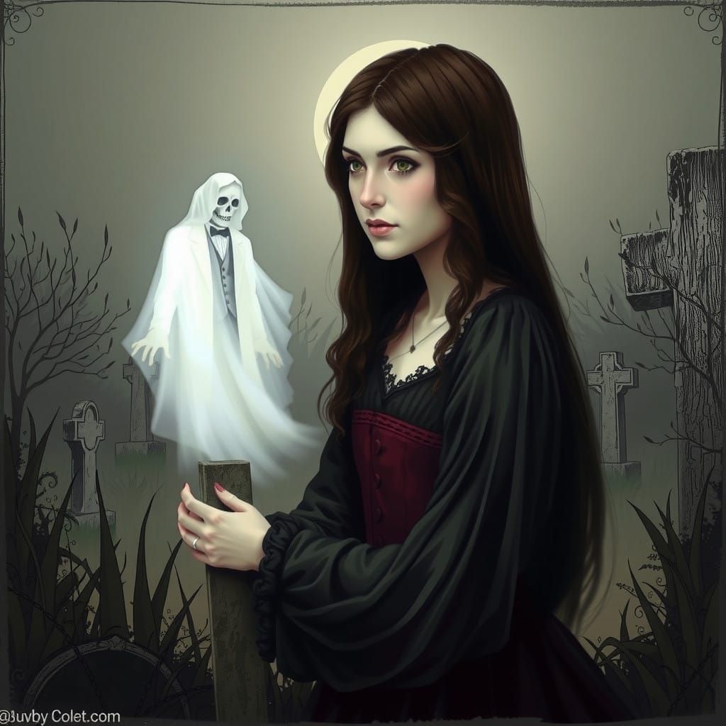 Mournful Victorian Bride in Moonlit Graveyard, Gazing at Fia...
