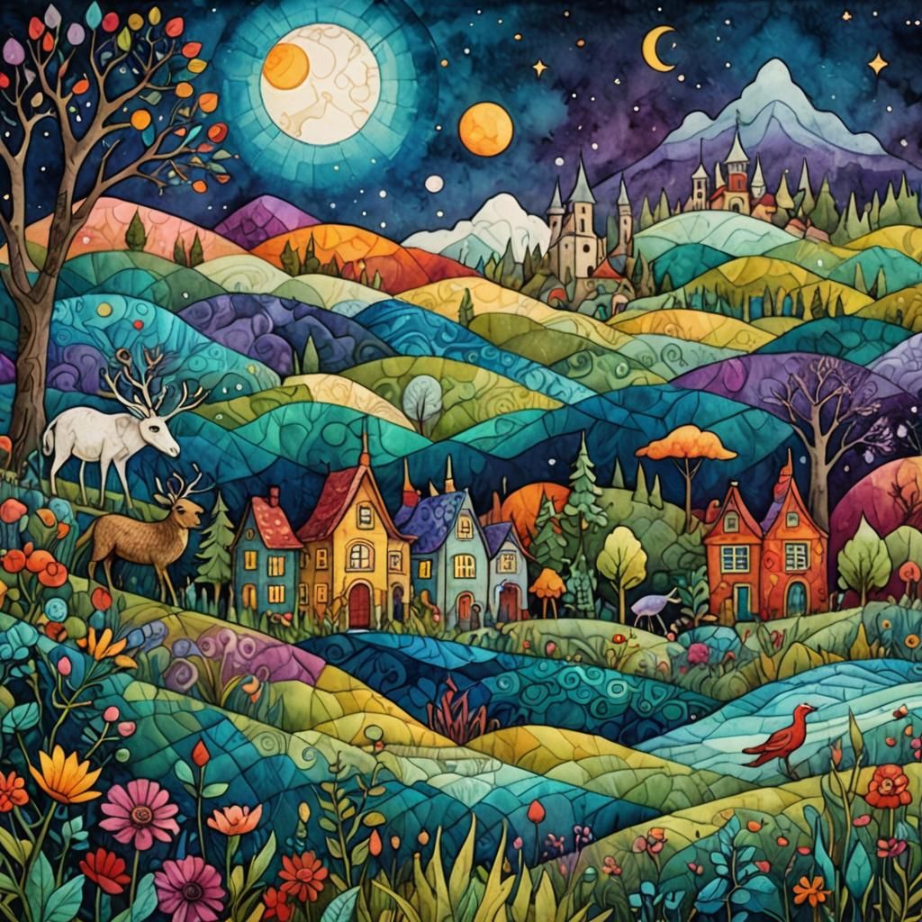 Dreamlike Folk Art Quilt Depicts Whimsical Cryptids in Jewel...