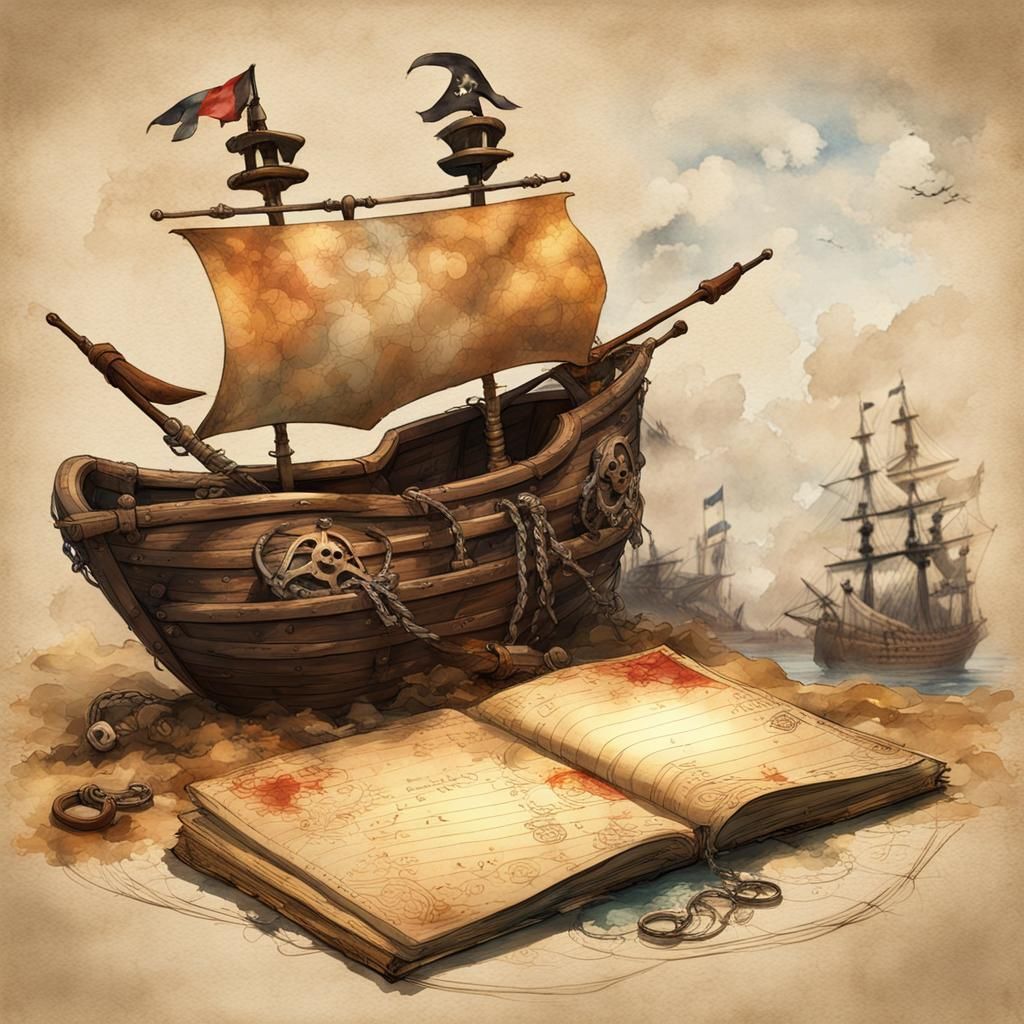 Pirate Journal Page in Vintage Watercolor Style