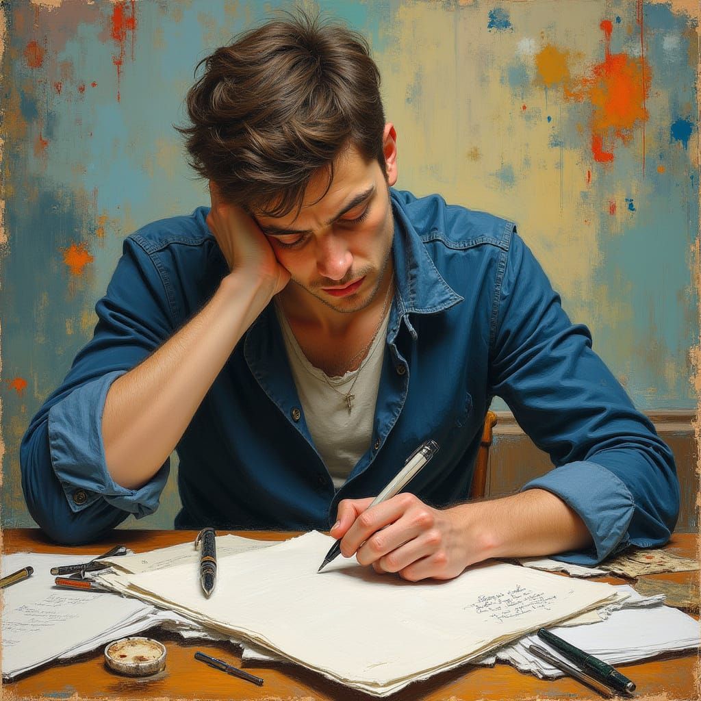 Person Writing at Desk in Abstract Expressionist Style