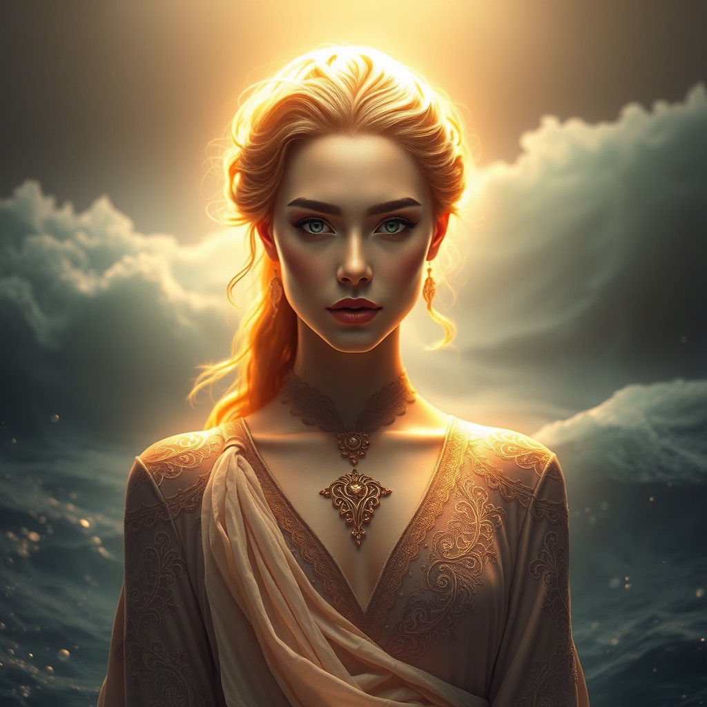 Serene Figure Amidst Turbulent Waters, in Art Nouveau Style