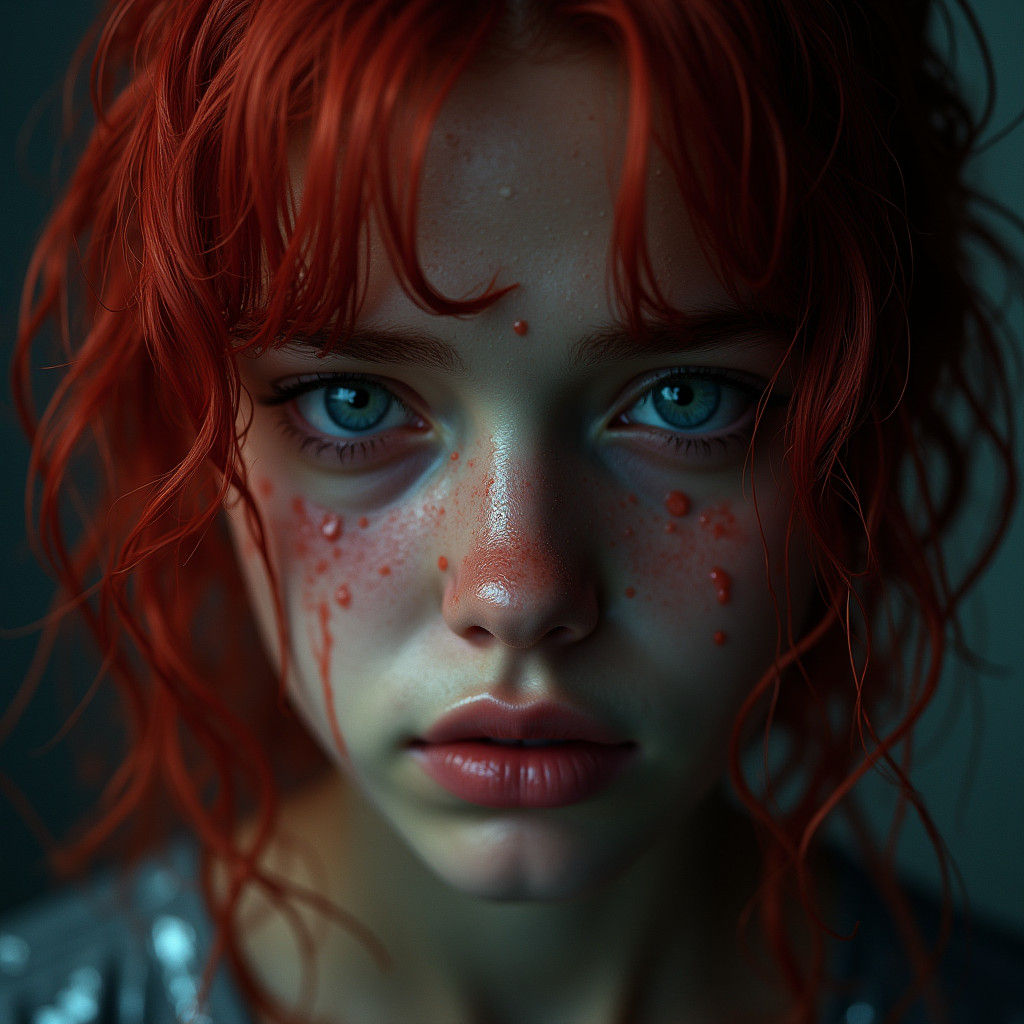 Girl with Red Hair and Blue Eyes in Rain