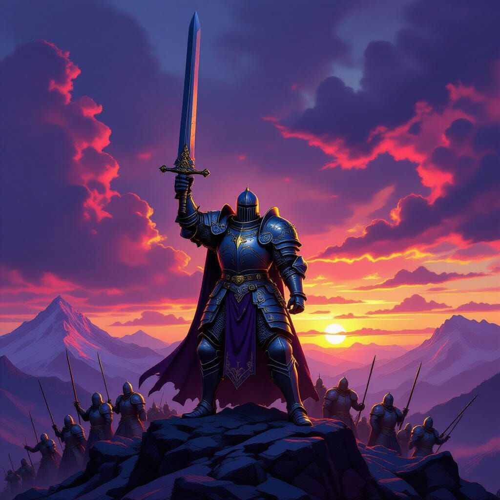 Armored Knight Leads Army at Sunset, Dark Fantasy Art