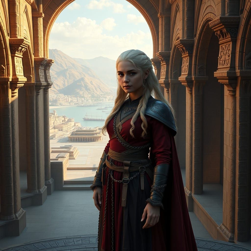 Regal Fantasy Queen in Ancient Cityscape