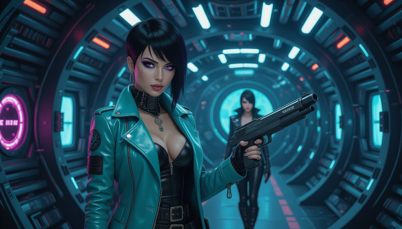 Biomechanical Cyborg Pirate in Giger-Inspired Starship Hall