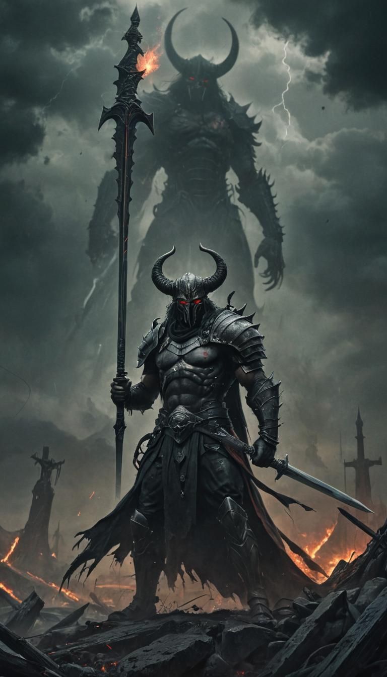 Fearsome Warrior in Stormy Battlefield: Dark Fantasy Art
