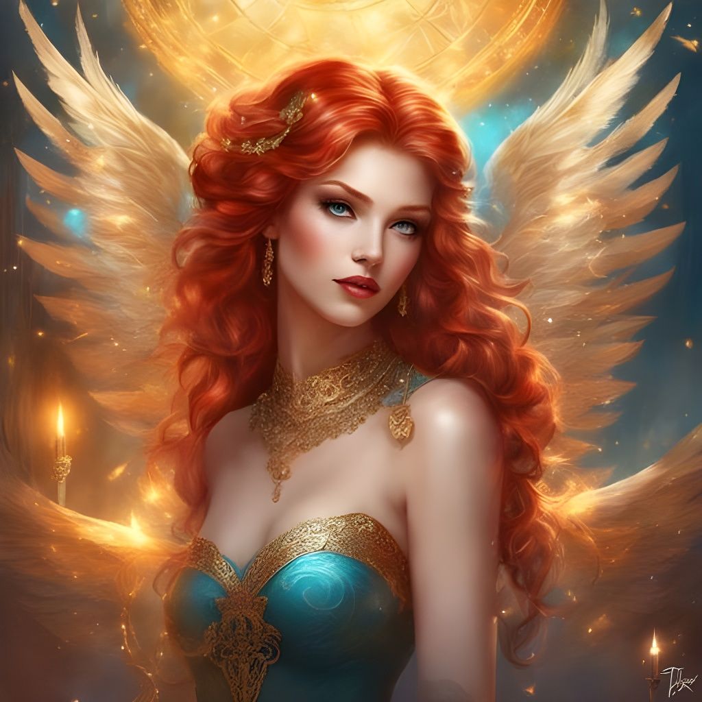 Red-Haired Angel in Lingerie with Golden Details