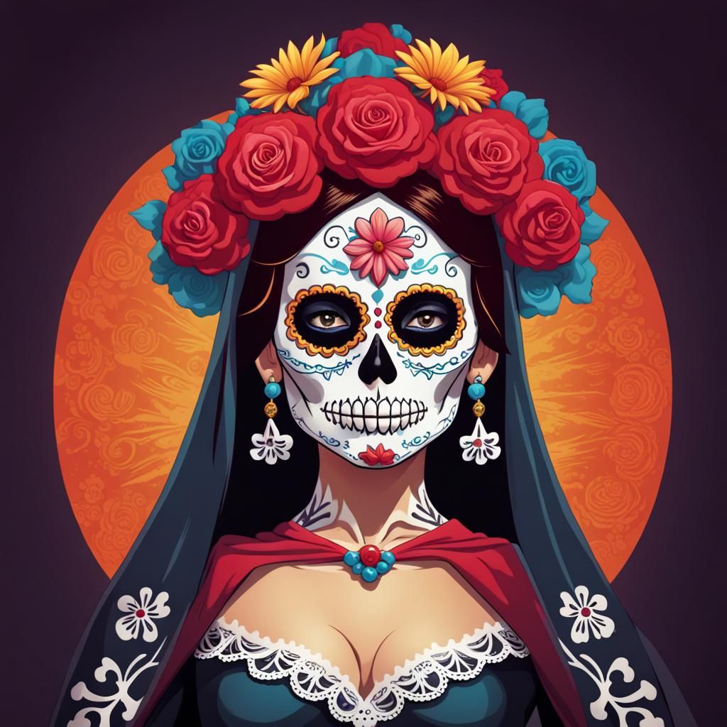 La Catrina, The spirit of Muerte, embodied as Sugar Skull  a...