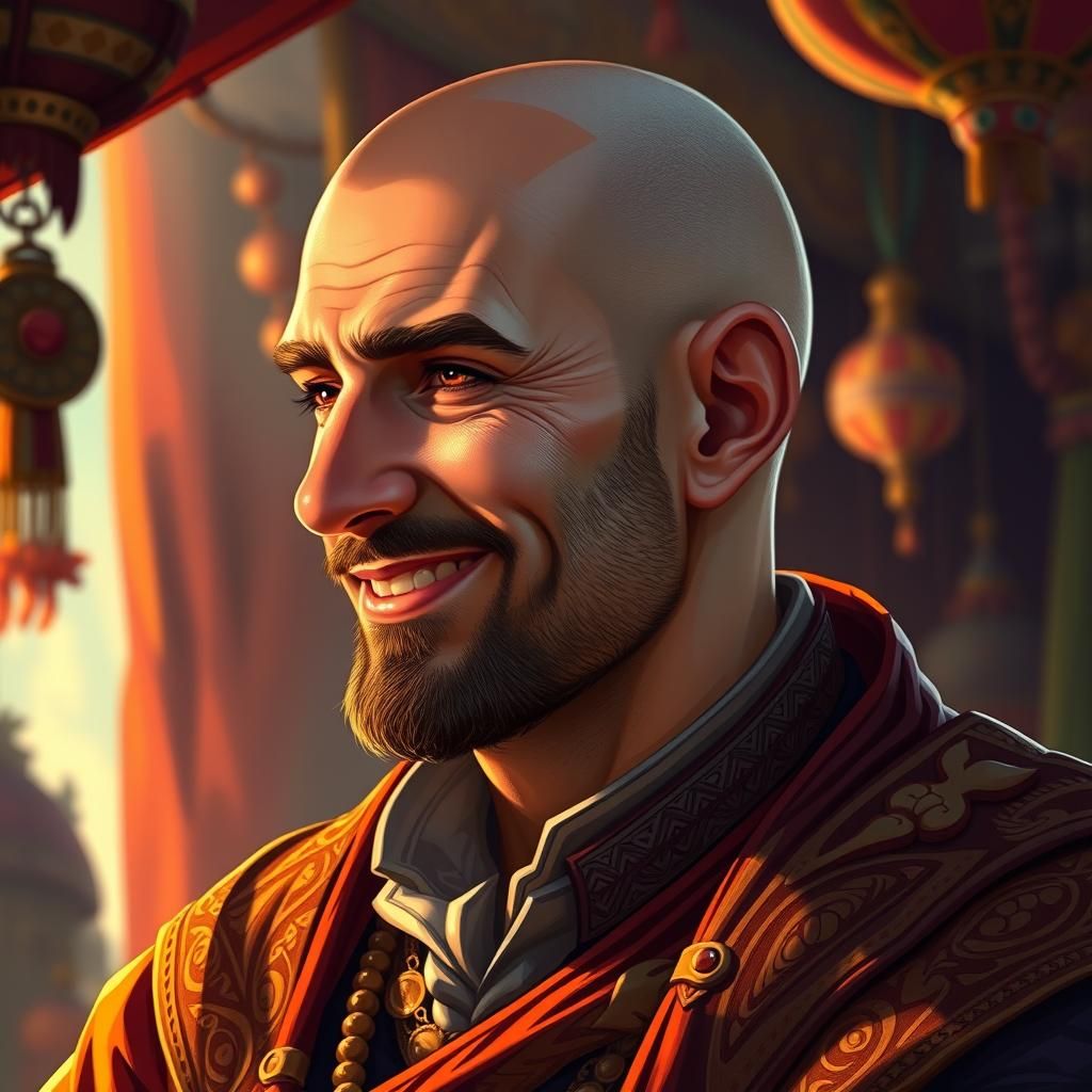 Friendly Merchant in Ornate Attire: Hyperrealistic Splash Ar...