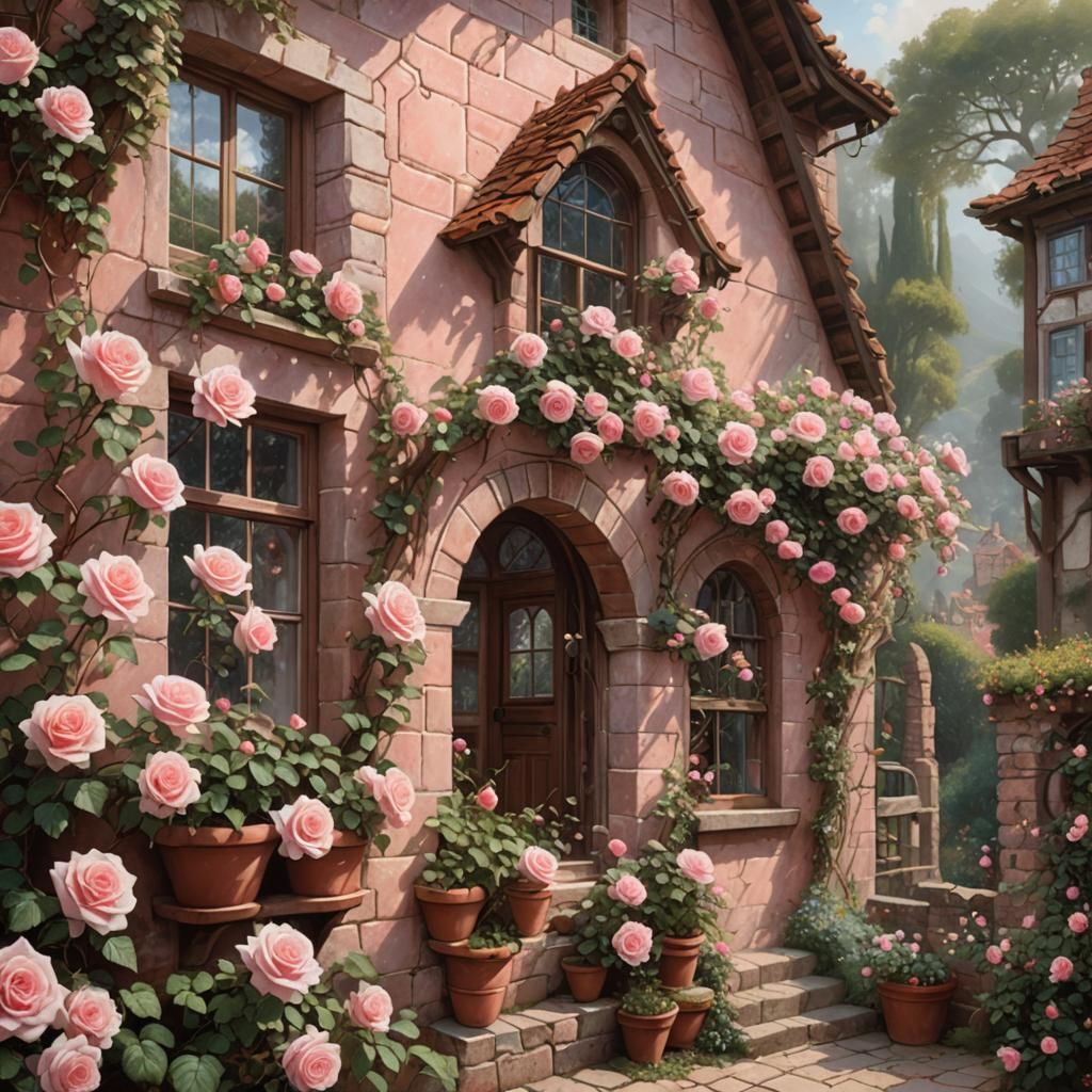 Pink Roses Adorn Stone Cottage in Ethereal Style