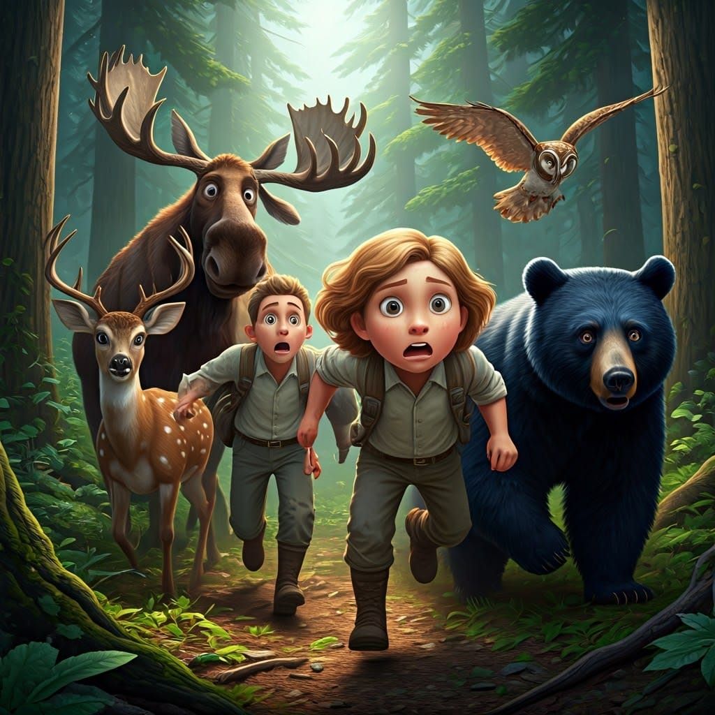 Explorers Flee Wild Predators in the Forest