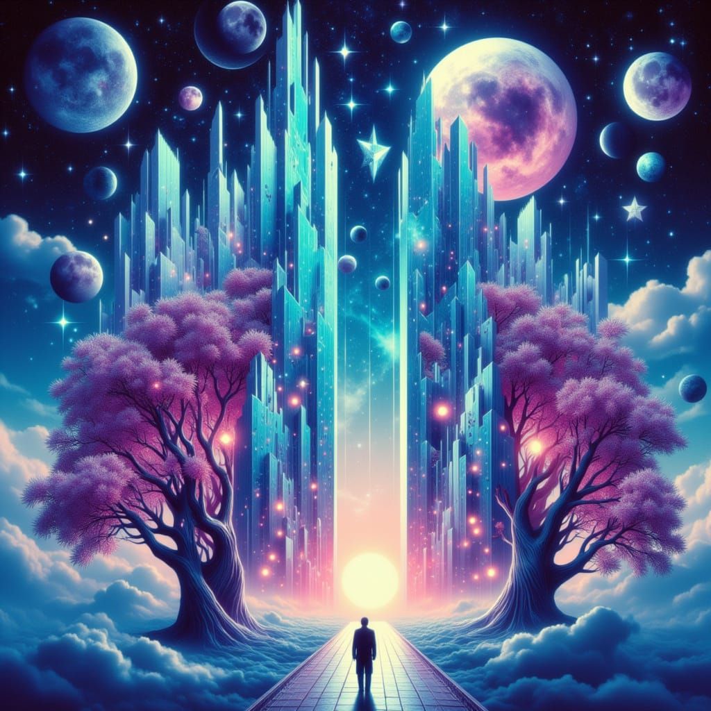 Futuristic Ice Cityscape with Neon Trees and Flying Vehicles