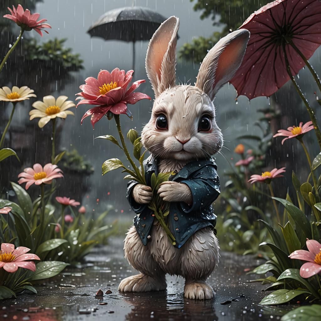 Fantastical Baby Bunny in the Rain: Digital Painting