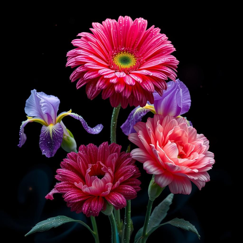 Glass Flowers with Glowing Mist on Black Sky
