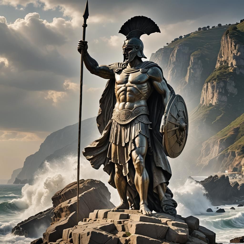 Epic Coastal Scene: Giant Spartan Statue