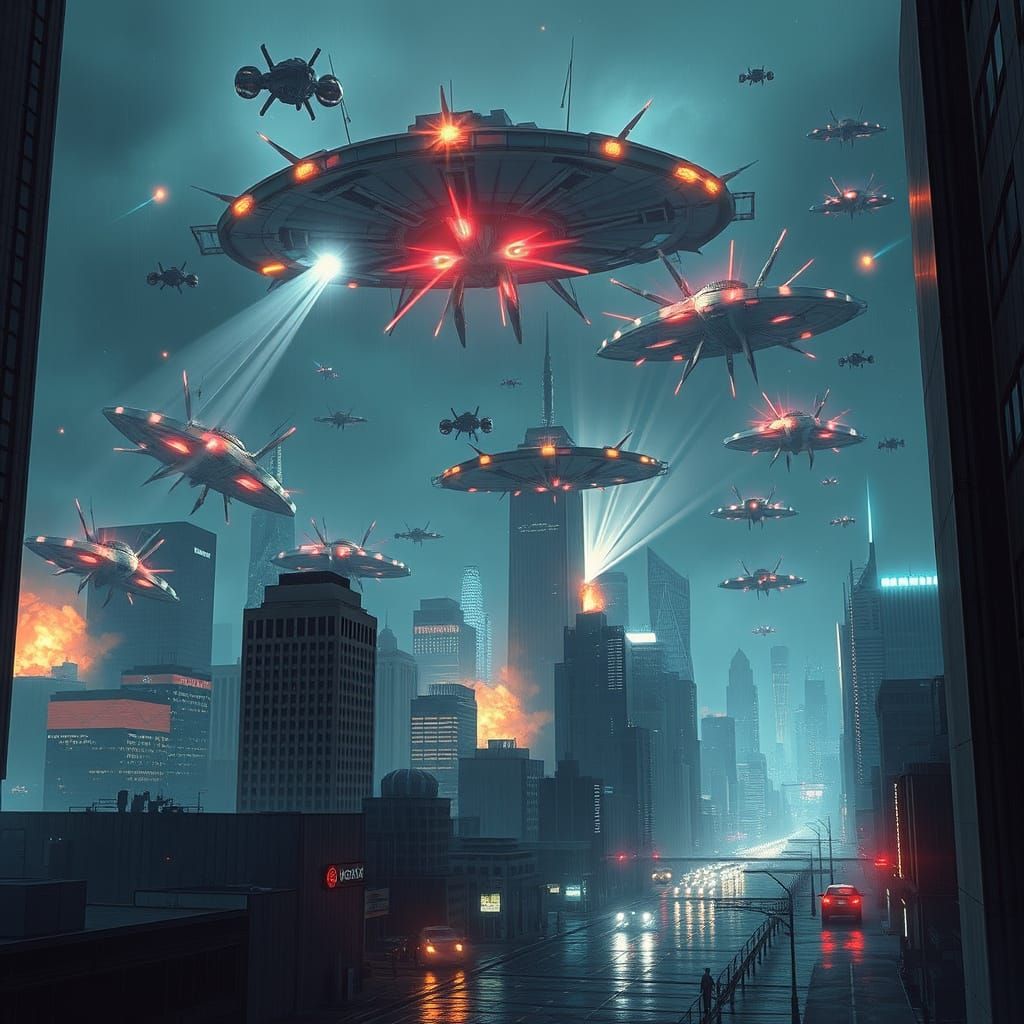 Futuristic New York Under Alien Siege in Cyberpunk Style