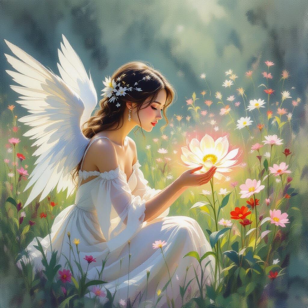 Angelic Woman Touches Glowing Flower, Impressionism