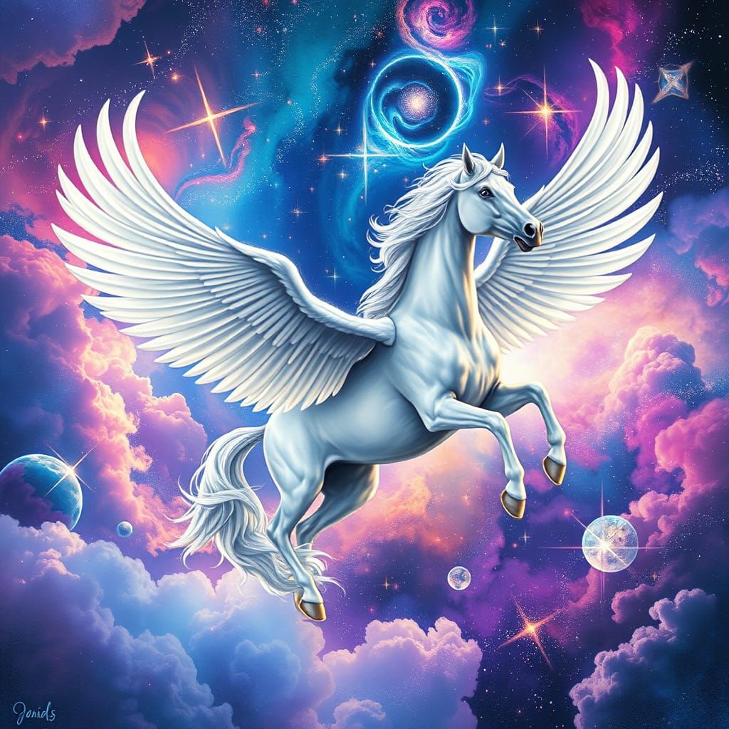 Majestic White Horse Soars Through Vibrant Galaxy in 8k Holo...