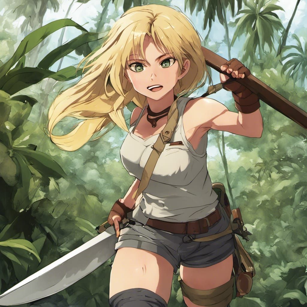 Blonde Explorer Swinging Machete in Anime Style
