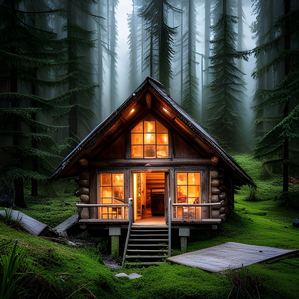 Cozy Cabin in Woods: Photorealistic Color Photo