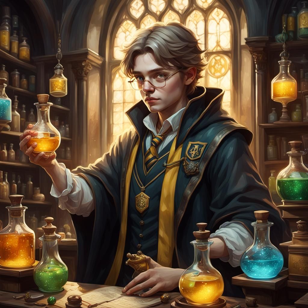 Hufflepuff Student Brewing Potion, Detailed Digital Art