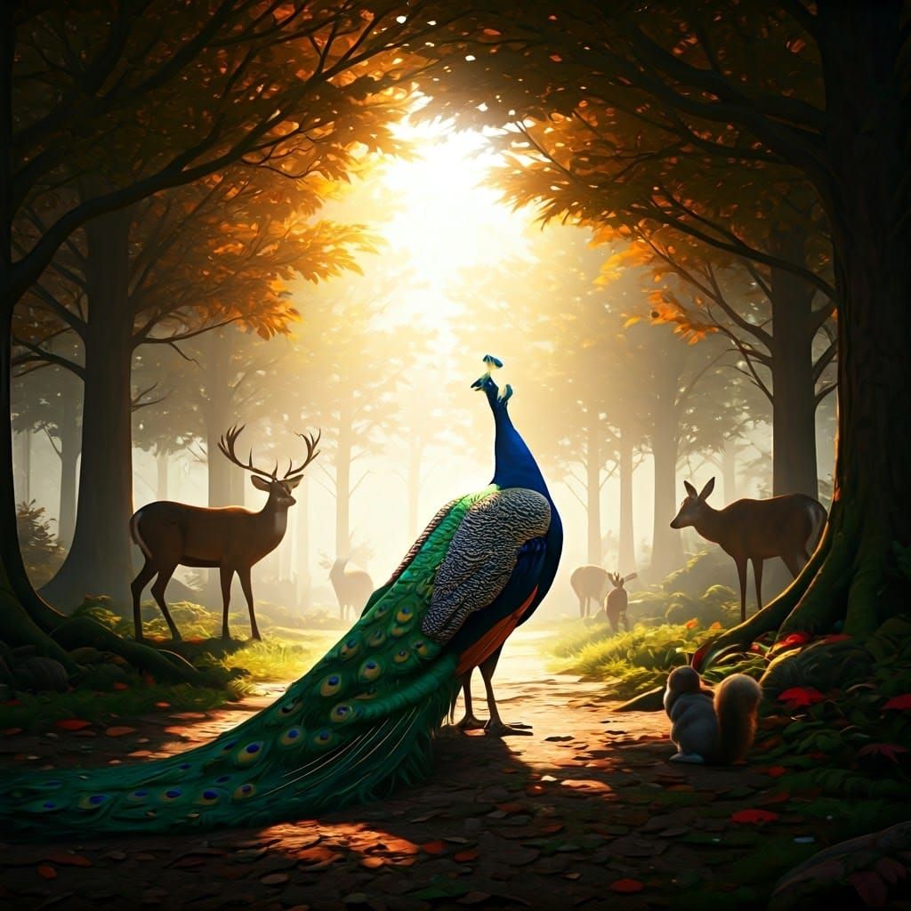 Peacocks Dance in Forest Glade, Fantasy Matte Painting