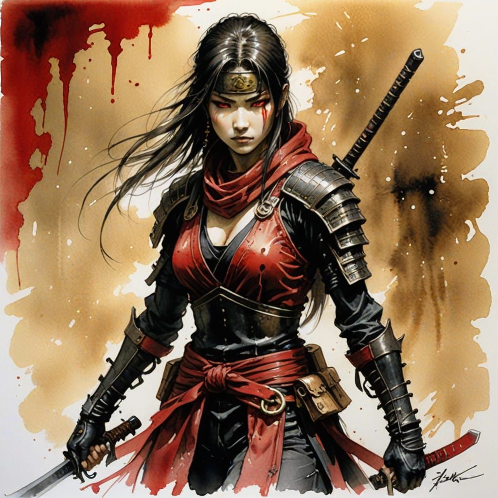 "watercolor sketch by Luis Royo - female ninja: more_details...