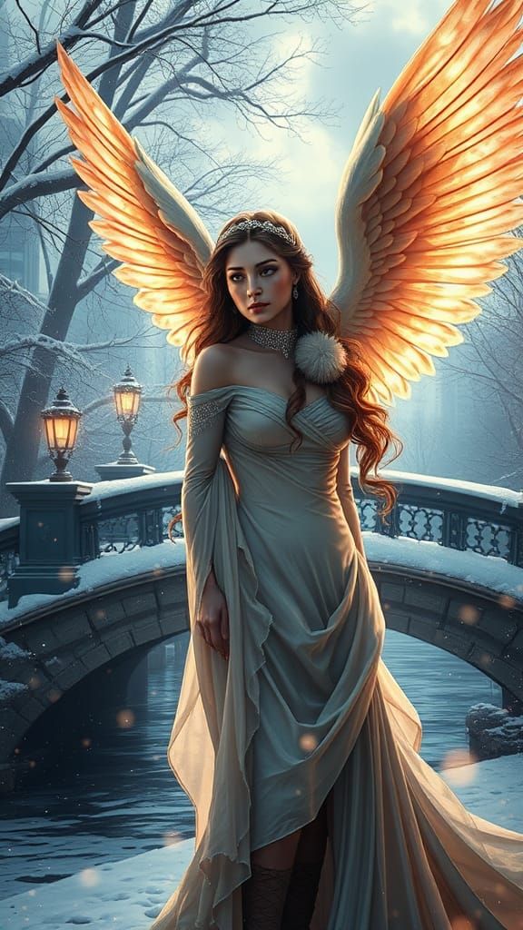Angel Woman Concept Art in Snowy Bridge Scene