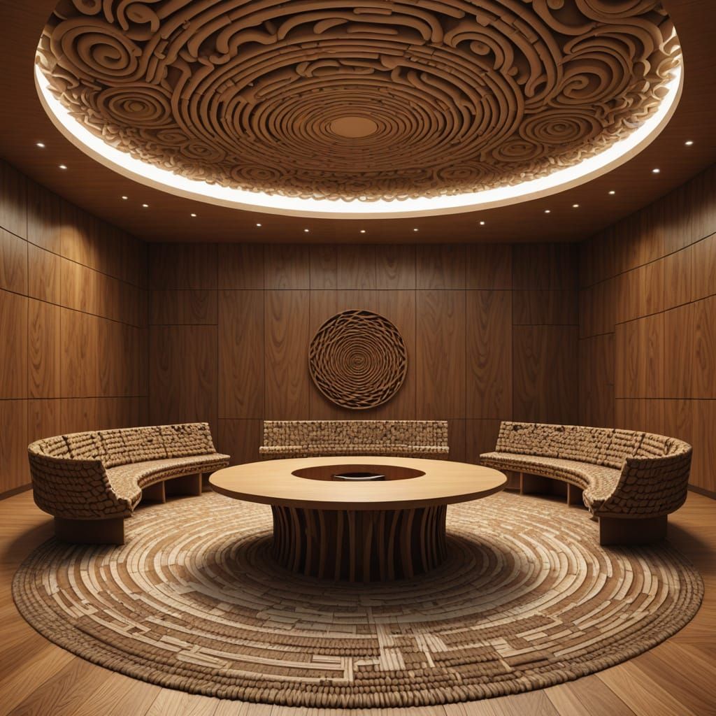 Introspective Council Meeting Room with Branch Benches
