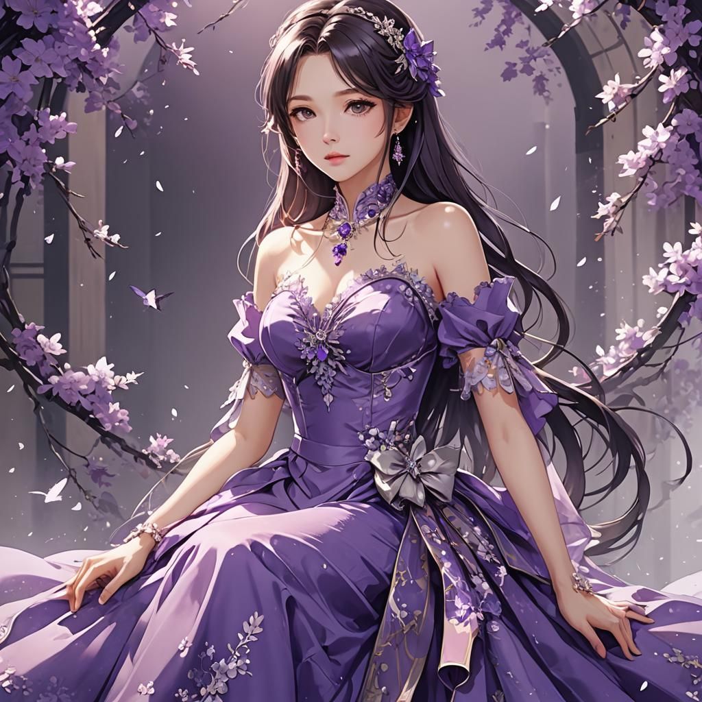 Anime Style Woman in Violet Dress