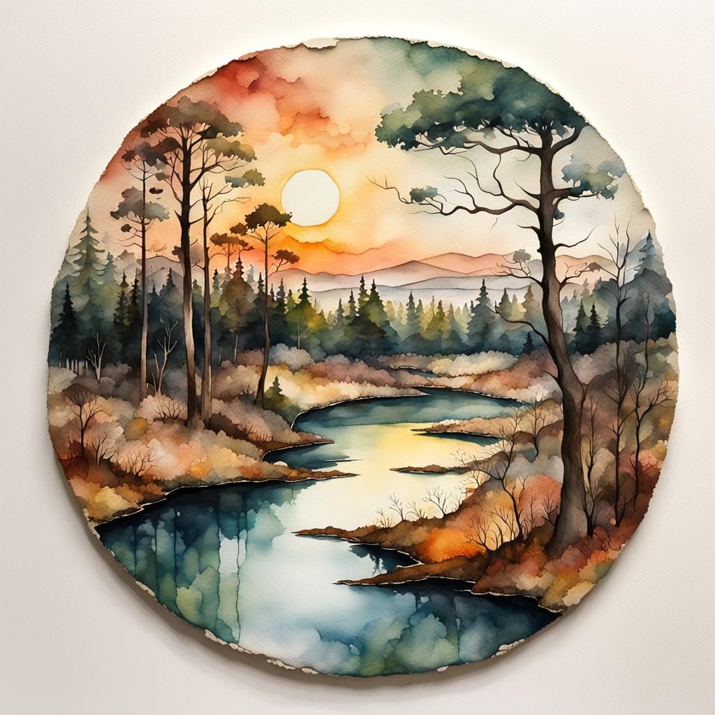 Faded Sunset Watercolor Painting with Unfinished Edges