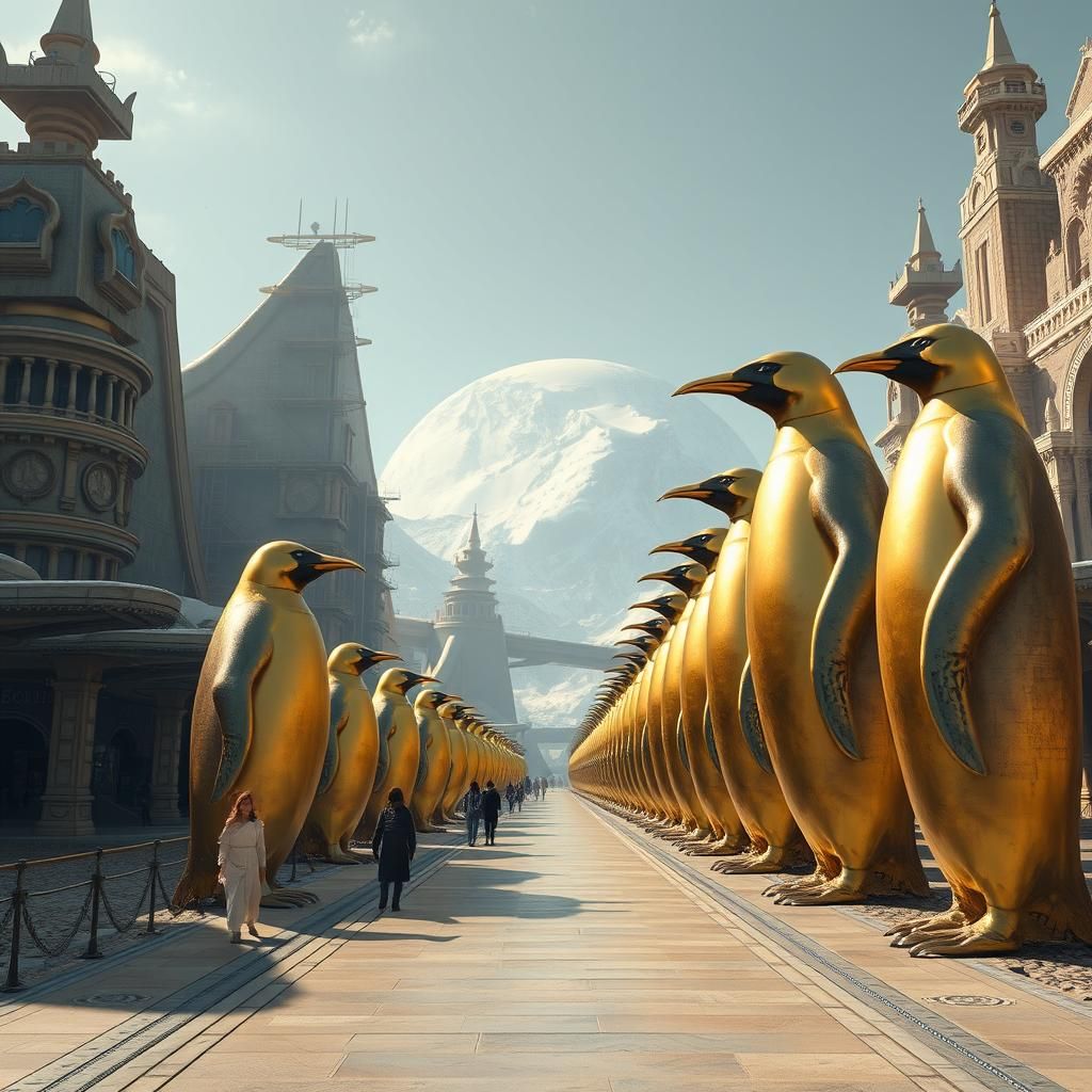 Archaeofuturist Civilization with Gold Penguin Statues