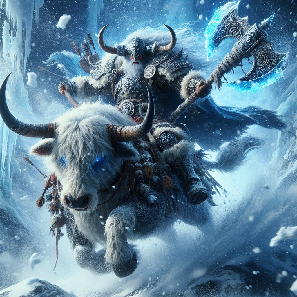 Viking Warrior Rides War Bull into Snowstorm