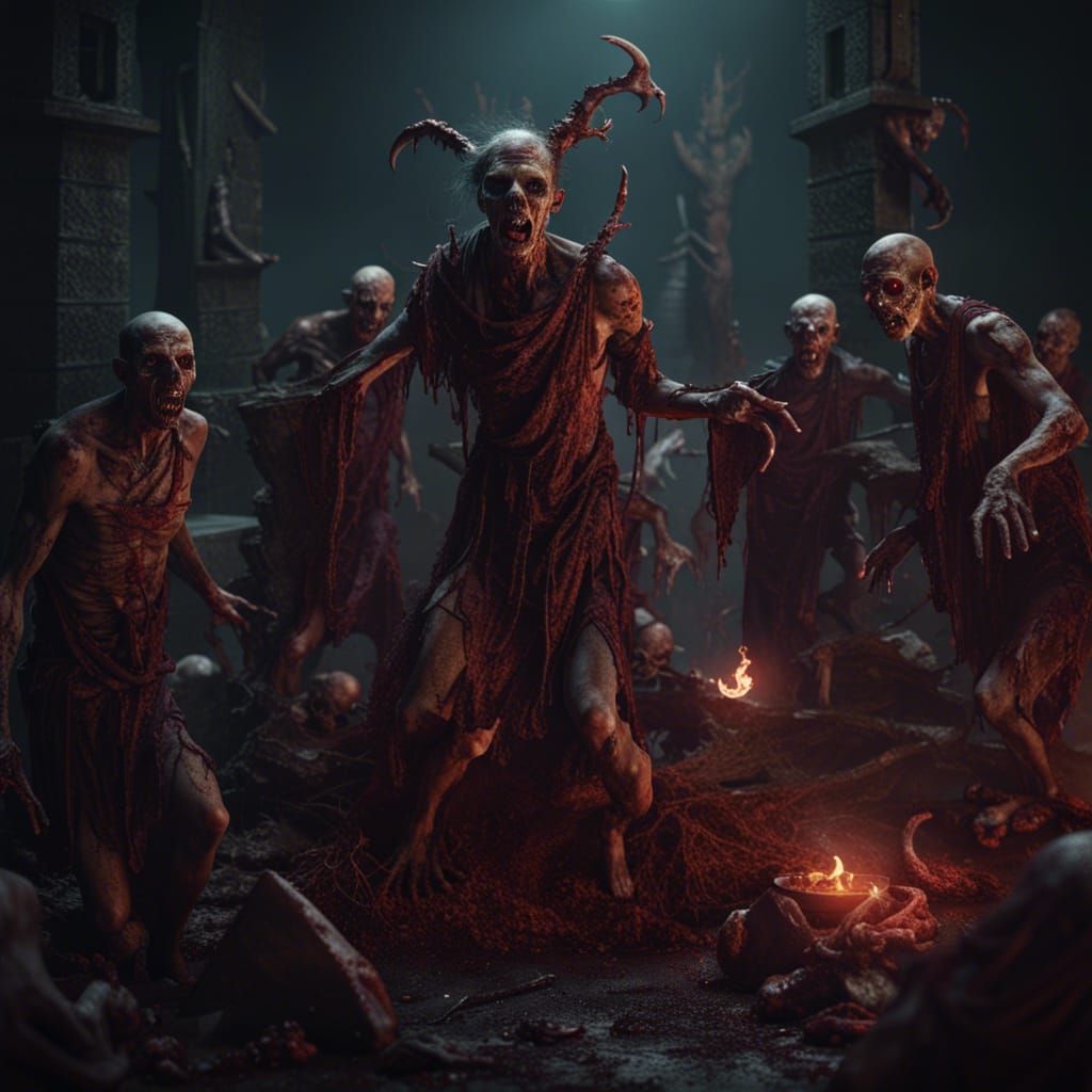 Demonic Ritual with Rotting Zombies: Detailed Matte Painting