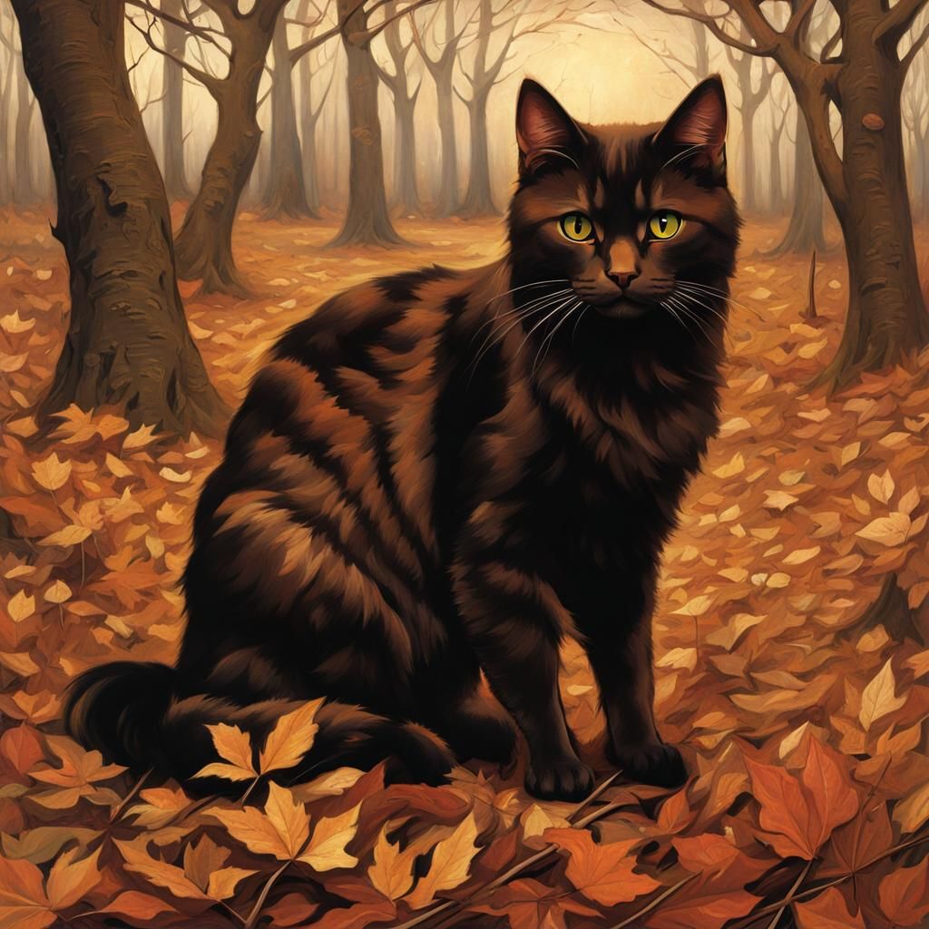 Brown Cat in Autumn Landscape as Waterhouse Painting