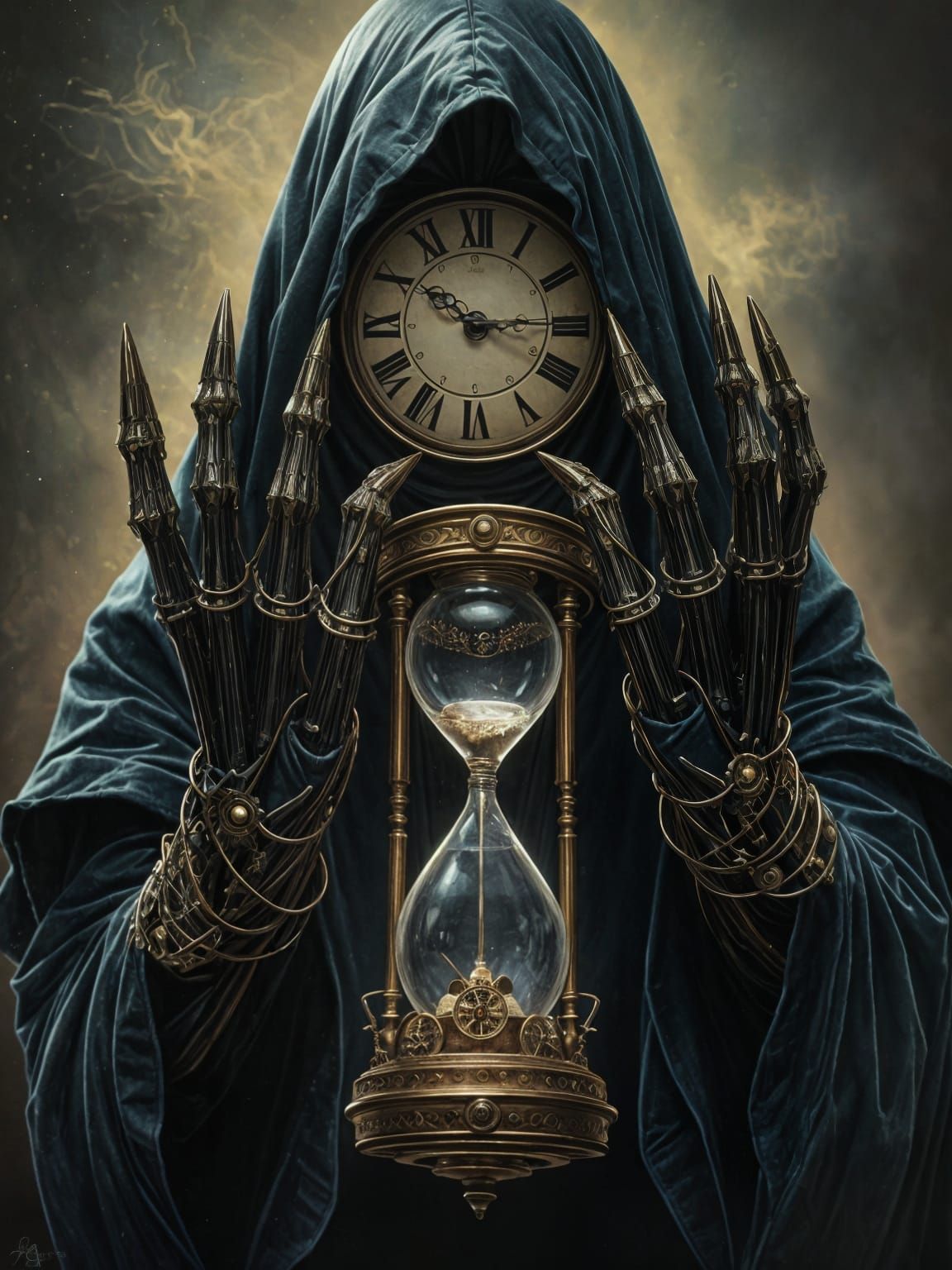 Clockwork Figure with Hourglass in Eerie Fantasy Style