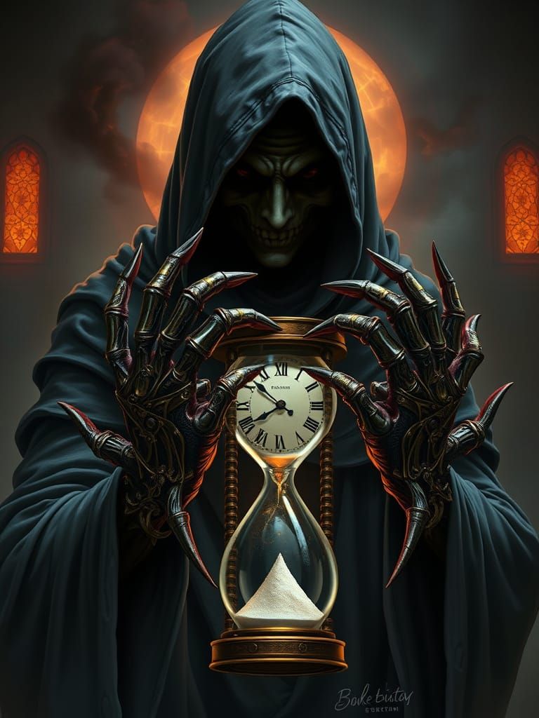 Clockwork Grim Reaper Hourglass in Biomorphic Horror Style