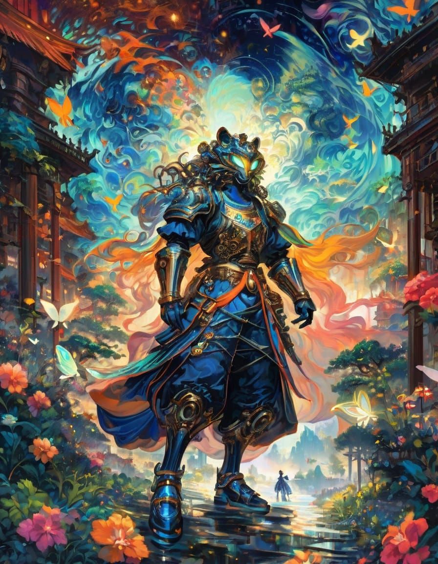 Vibrant Ancient Warrior Tiger in Cyberpunk Fantasy City