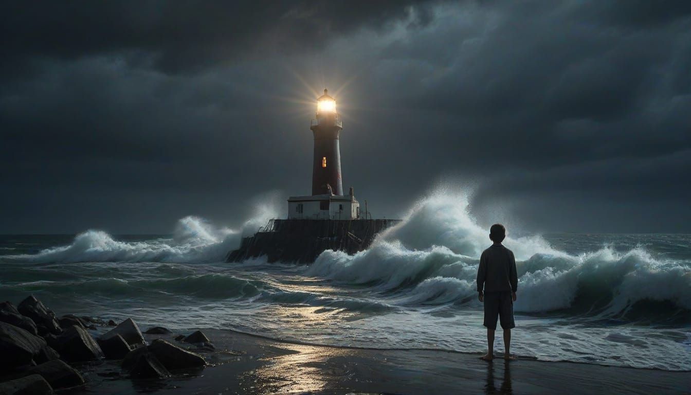 Stormy Waters: Boy and Lighthouse at Night