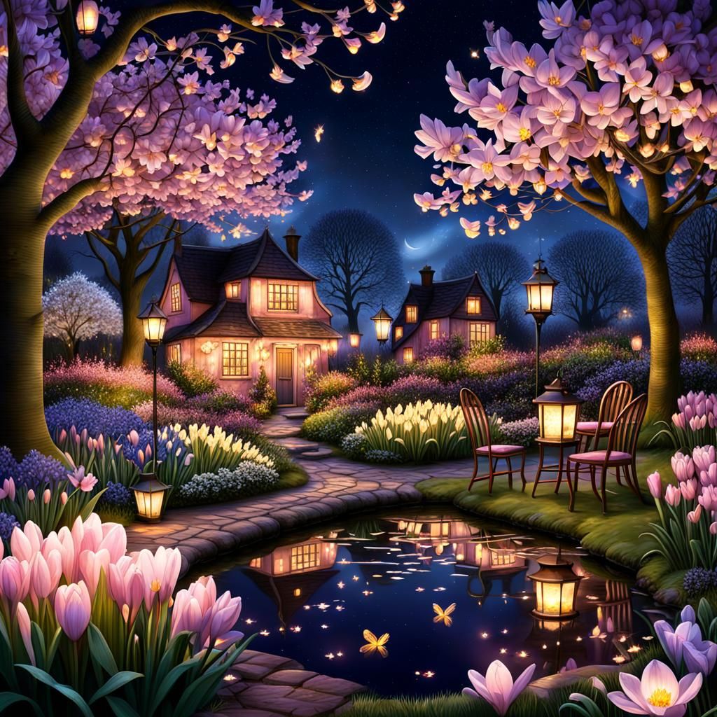 Enchanted Spring Garden at Night with Fairy Lights