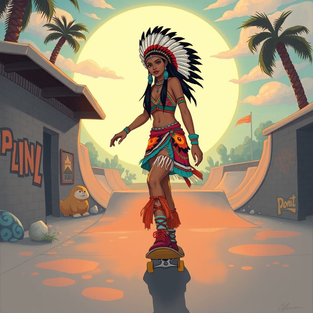 American Indian Skateboarder in Pop Art Style