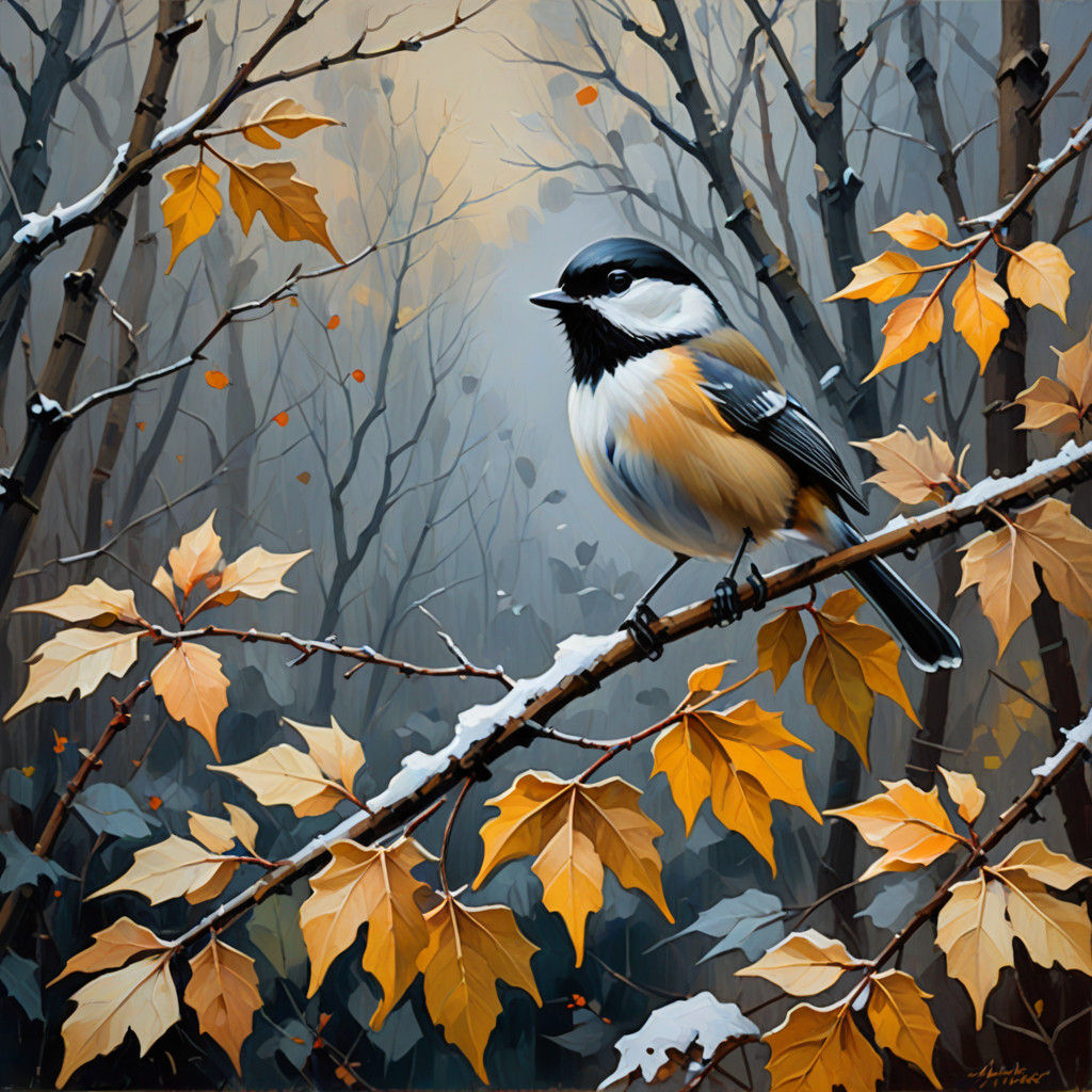 Fauvist Winter Garden Scene with Chickadee