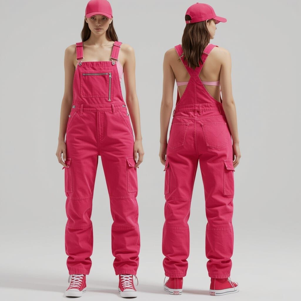 Bright Pink Waxed Denim Overalls and Sneakers