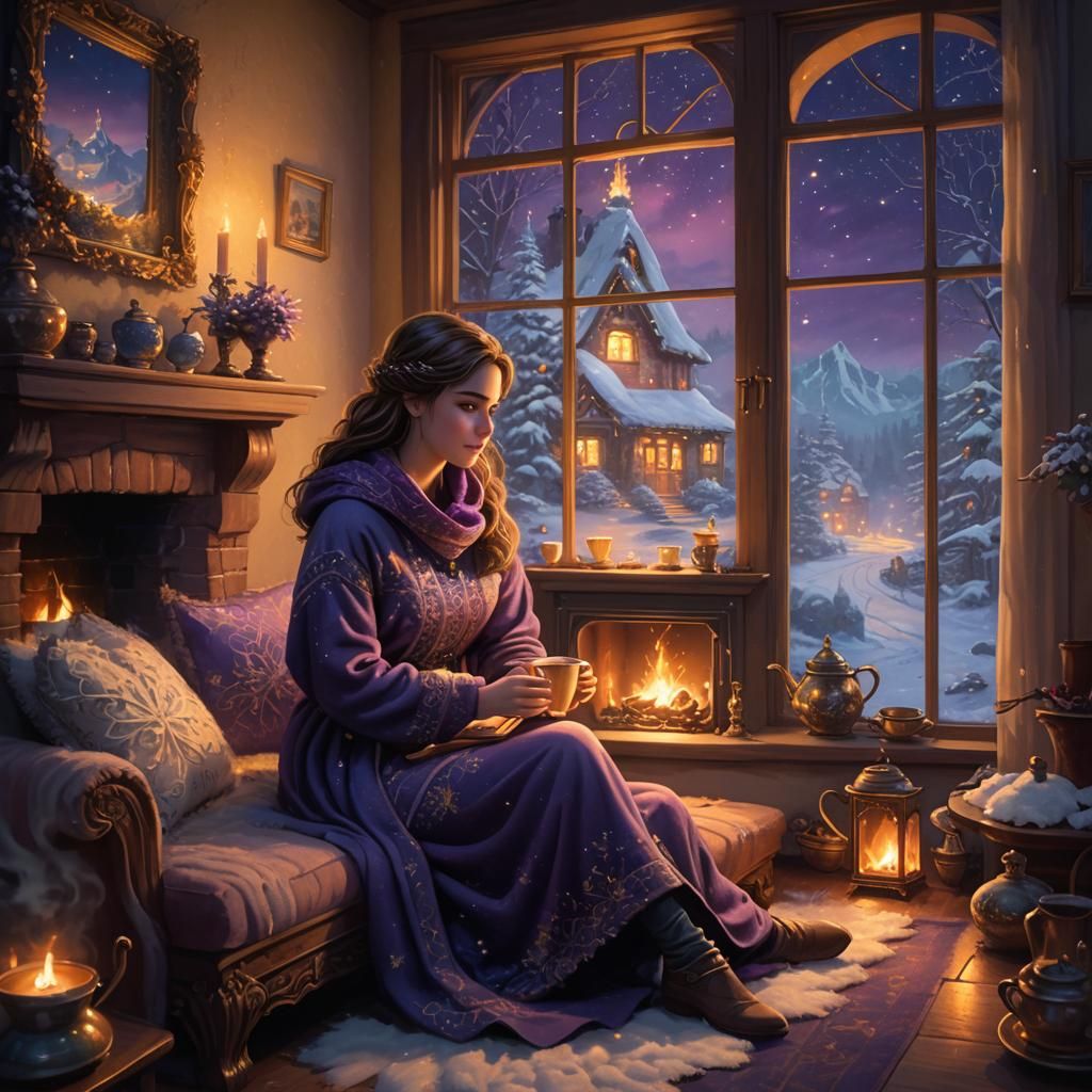 Cozy Winter Night: Girl with Tea by Fireplace